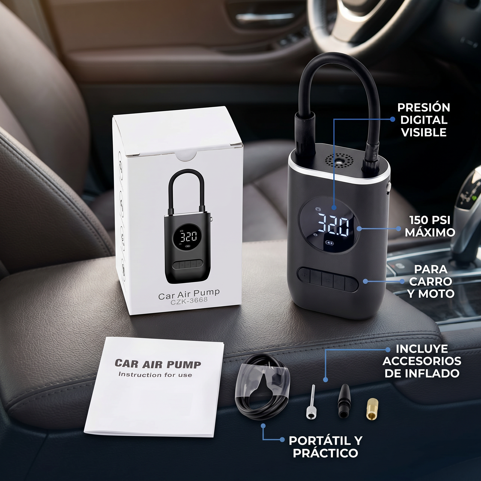 Compresor Tipo Candado para Carro y Moto | Inflador Portátil