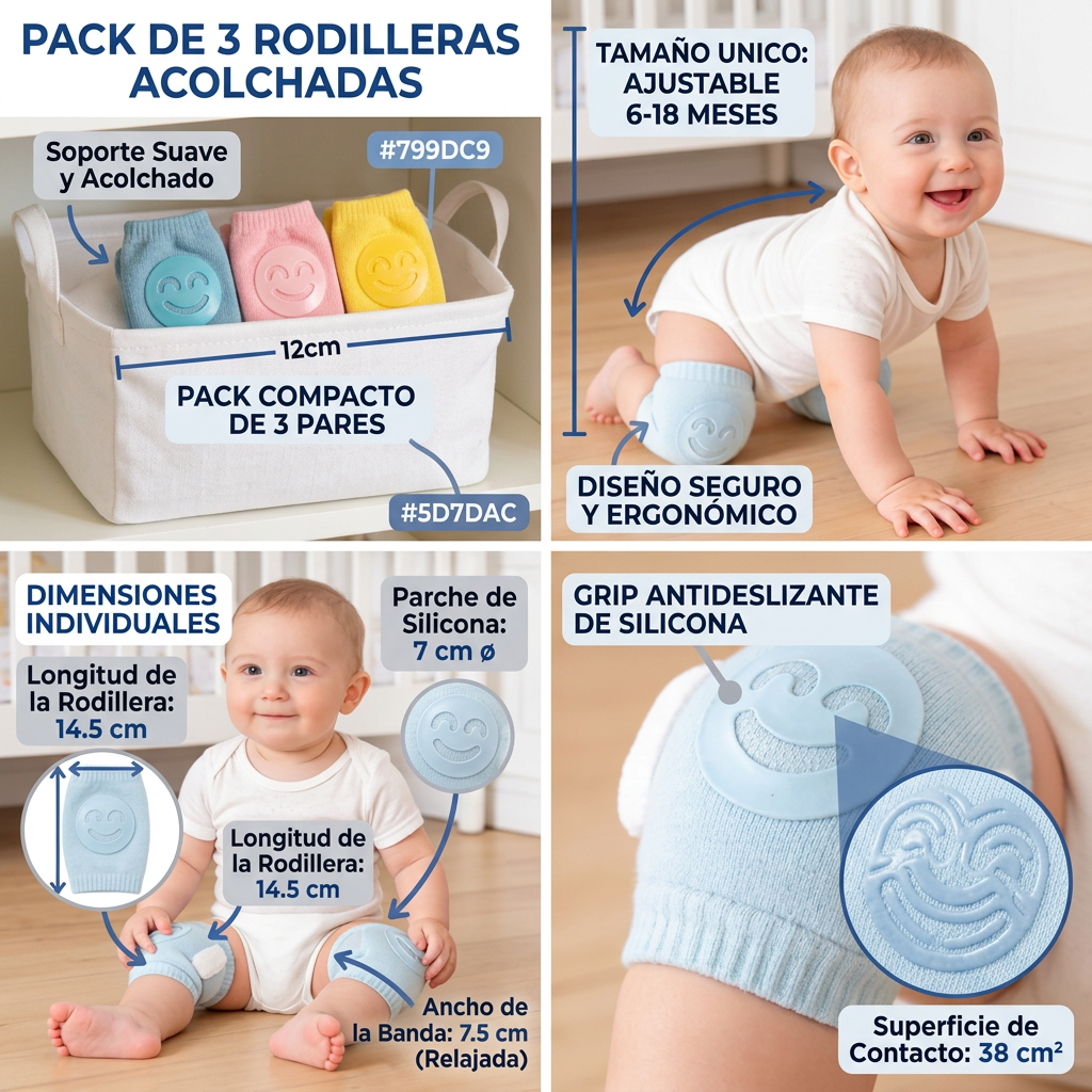 Pack de 3 Rodilleras Acolchadas Antideslizantes para Bebé | Protección Gateo
