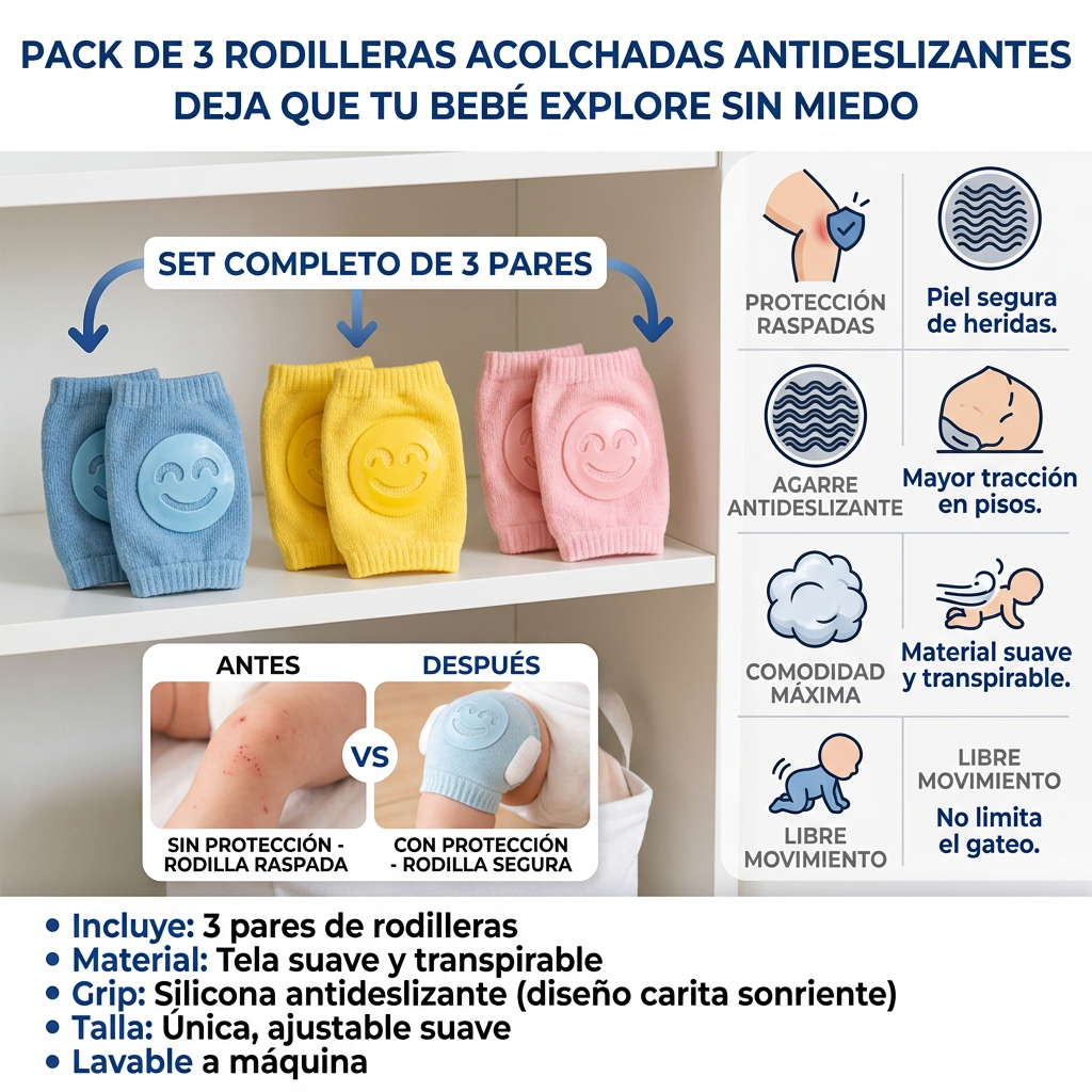 Pack de 3 Rodilleras Acolchadas Antideslizantes para Bebé | Protección Gateo