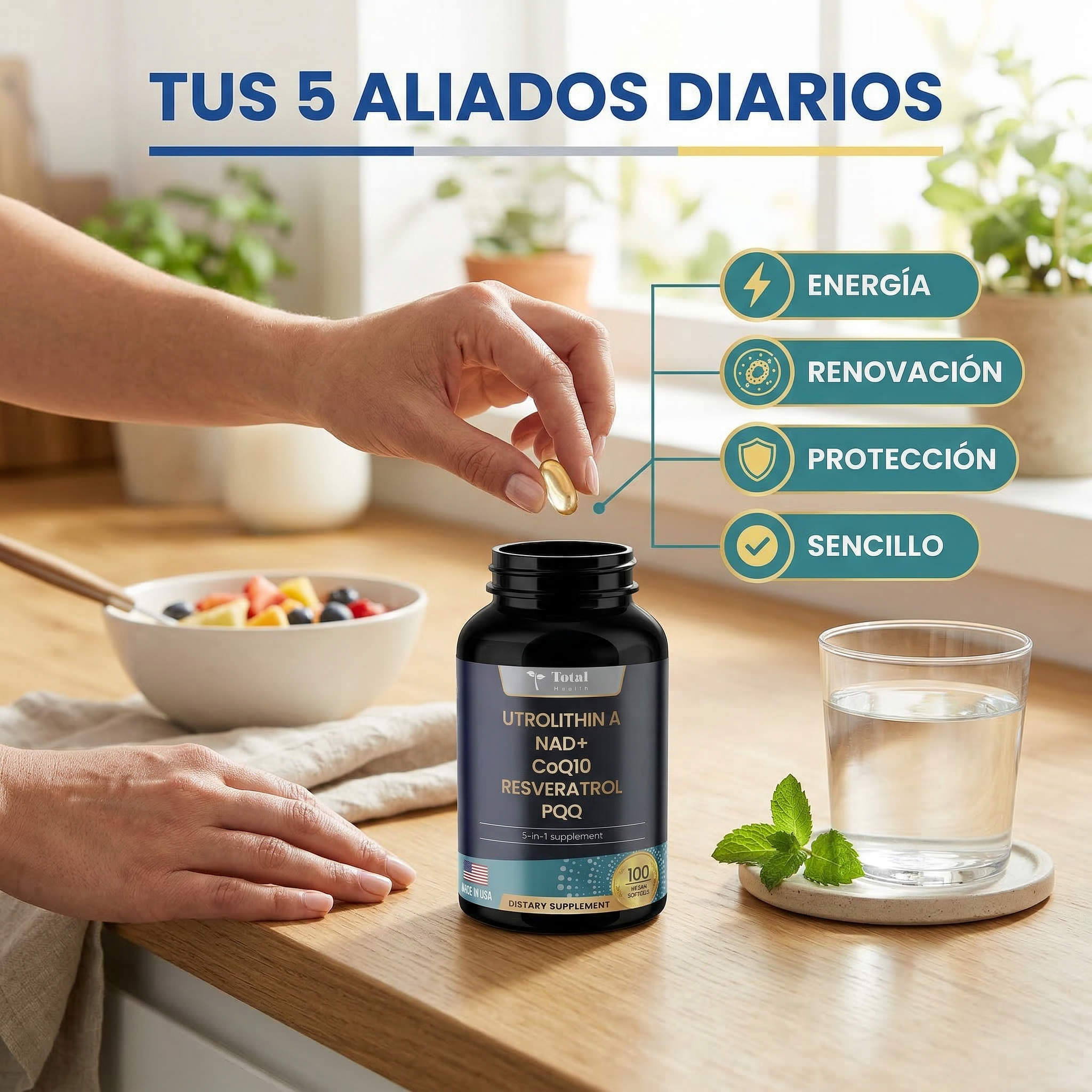 Urolitina A + NAD + CoQ10 + Resveratrol + PQQ | Bienestar