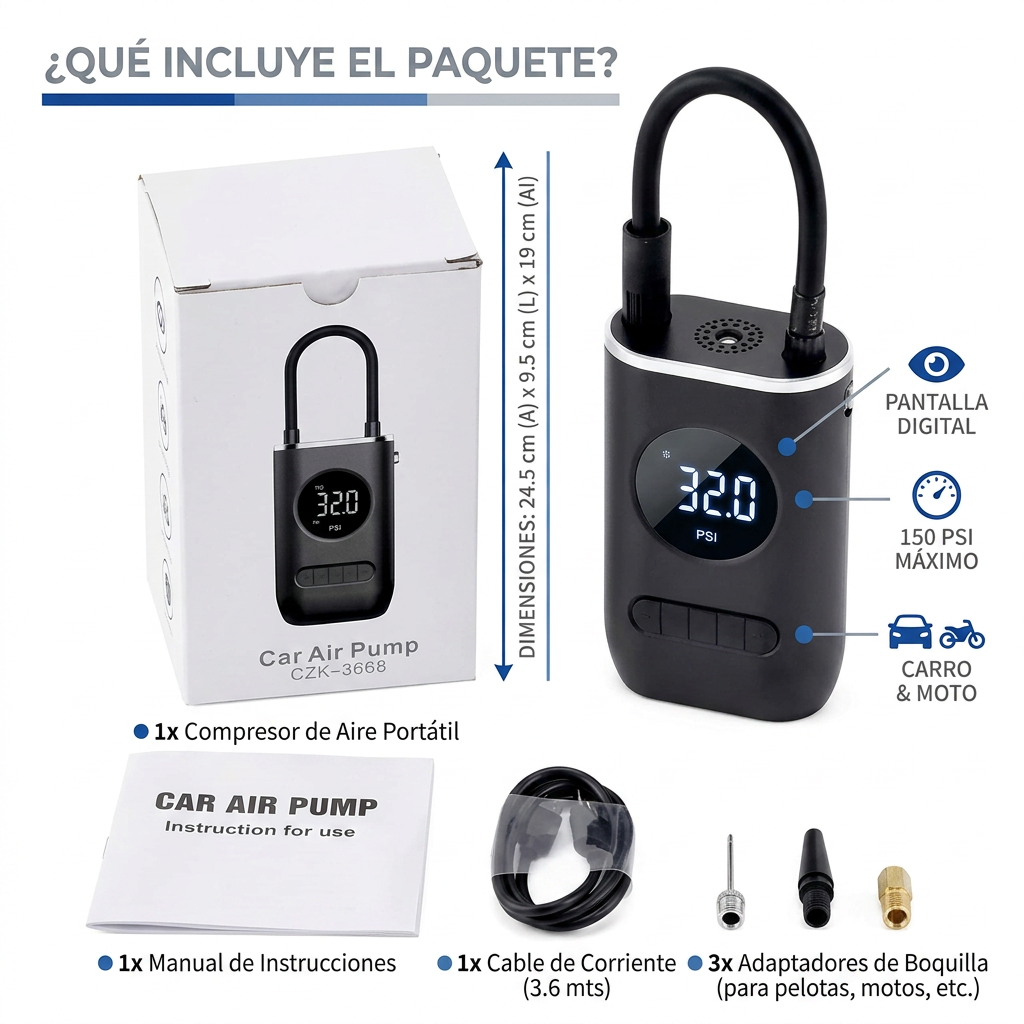 Compresor Tipo Candado para Carro y Moto | Inflador Portátil
