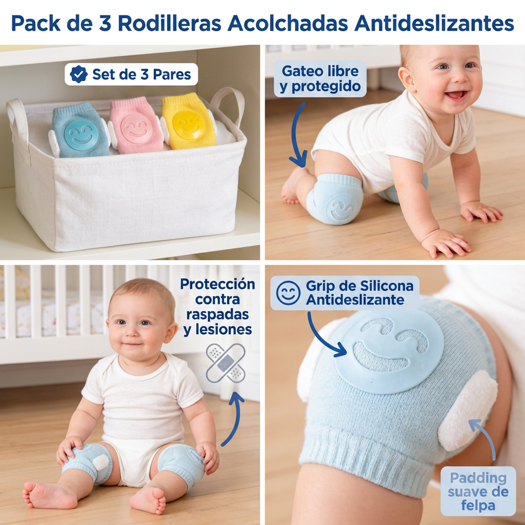 Pack de 3 Rodilleras Acolchadas Antideslizantes para Bebé | Protección Gateo